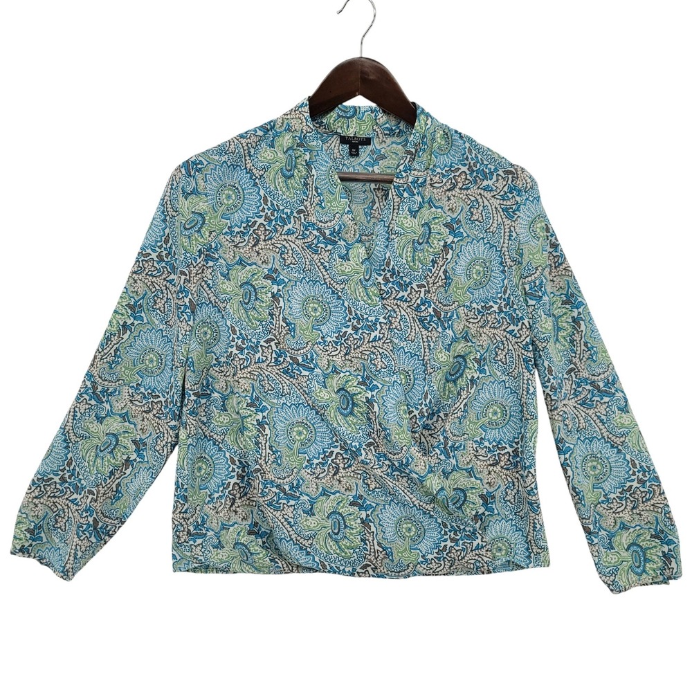 Talbots Petites 6P Faux Wrap Blouse Paisley Blue Green Surplice‎ Top Classic